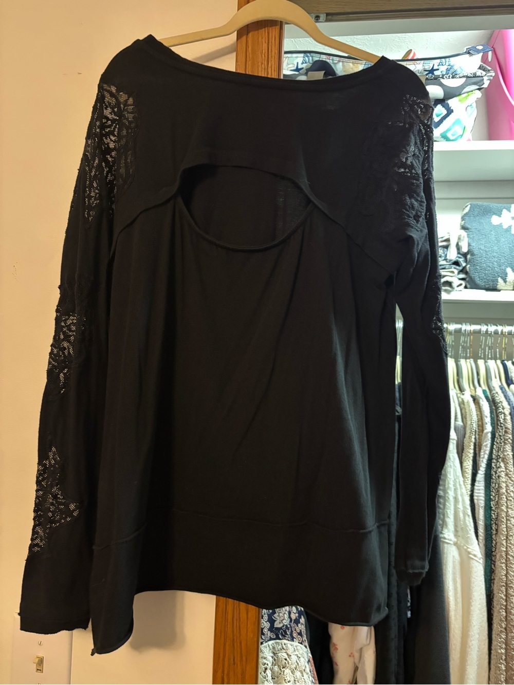 Free People Black Lace Sleeve Cutout Pullover